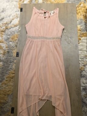 Girls' Pink Sleeveless High-Low Party Dress with Beaded Waist
